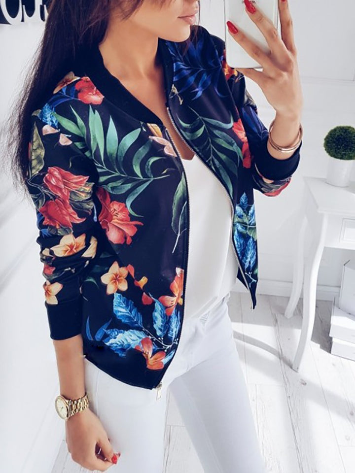 Damen Blumenmotiv Bomberjacke mit seitlichen Taschen und elastischen Bündchen Drune