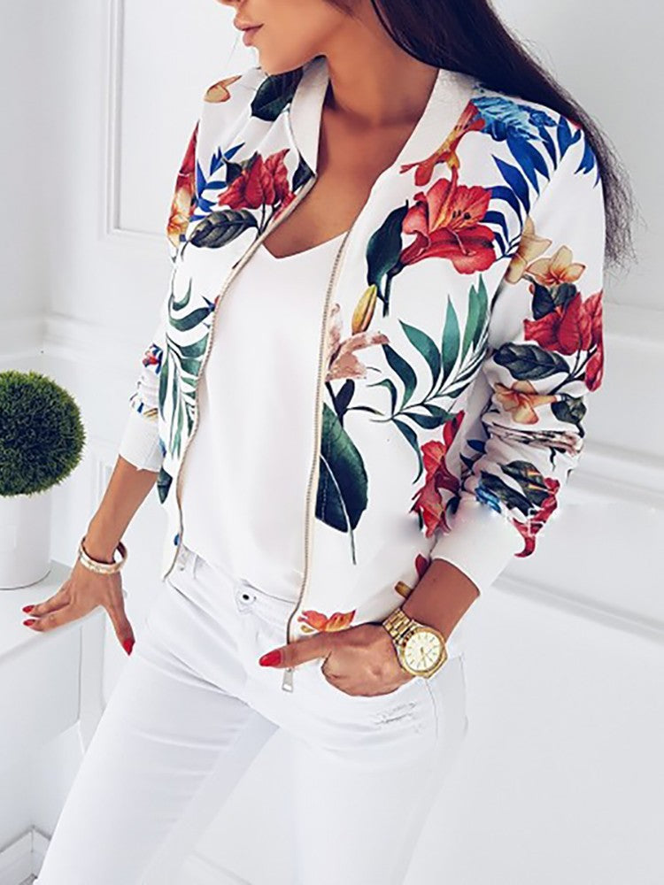 Damen Blumenmotiv Bomberjacke mit seitlichen Taschen und elastischen Bündchen Drune