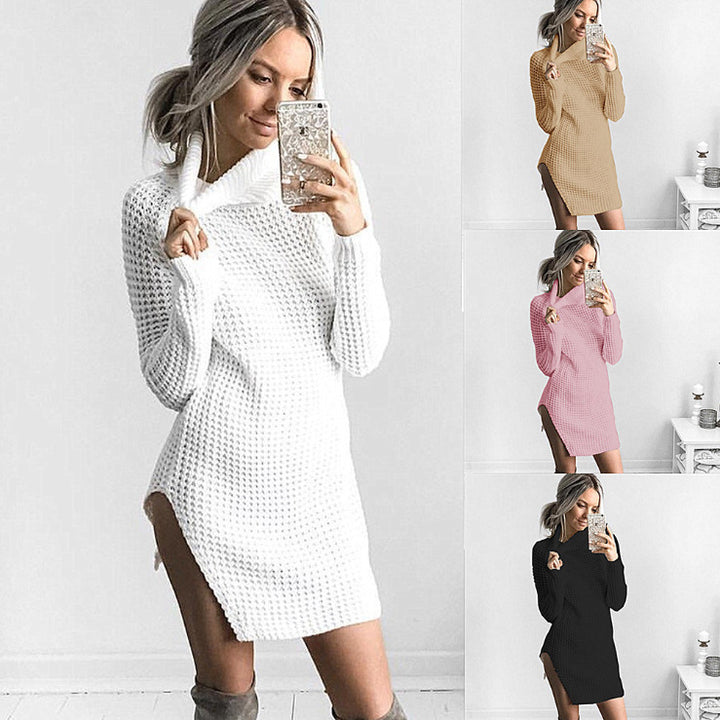 Damen Strickpullover mit hohe Kragen und seitlichem Schlitz Drune