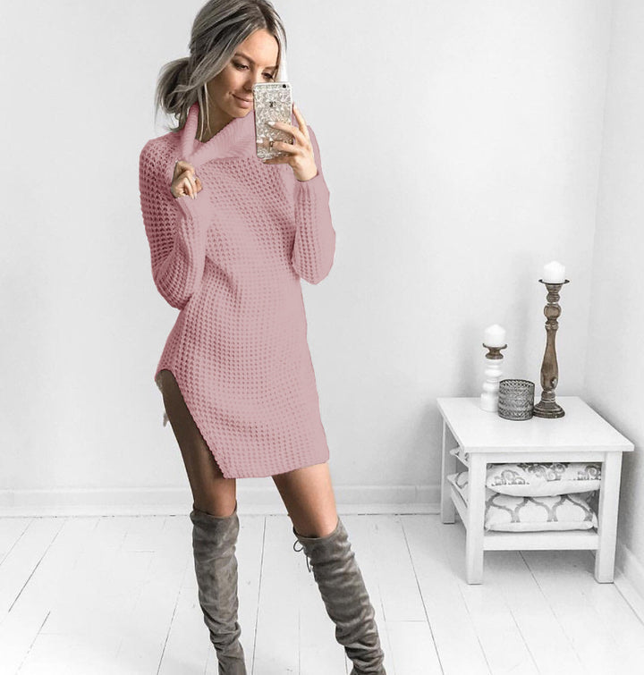 Damen Strickpullover mit hohe Kragen und seitlichem Schlitz Drune