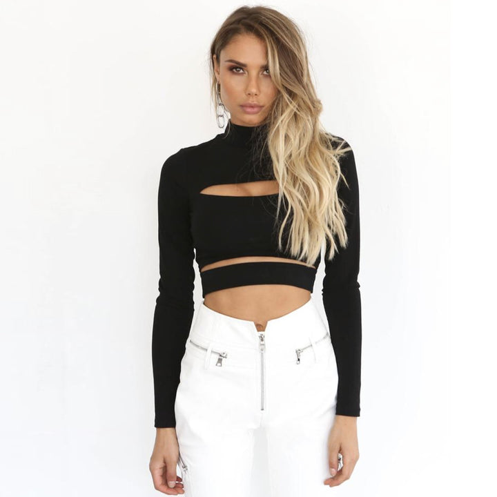 Damen Crop Top mit hochgeschlossenem Kragen und Cut-Outs Drune