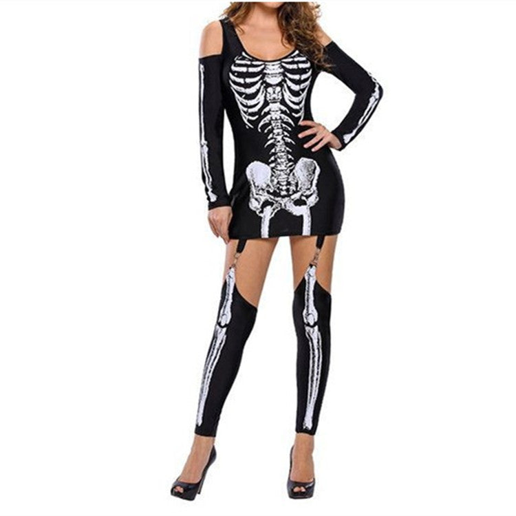 Damen Skelettdruck Kostüm Kleid Drune