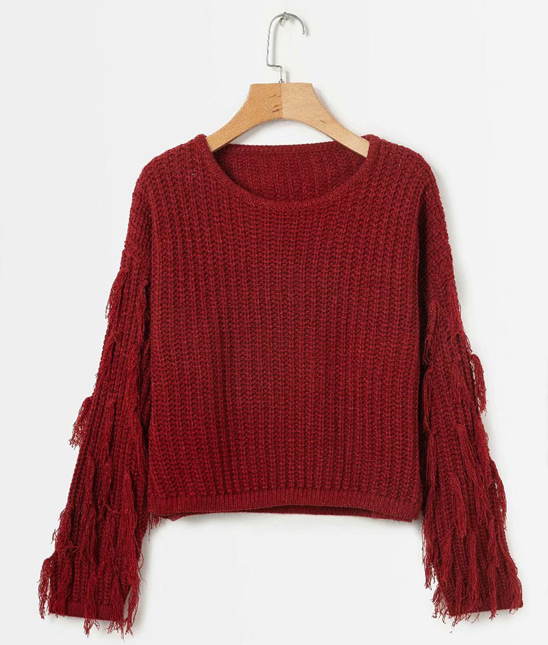 Damen Grobstrickpullover mit fransigen Ärmeln Drune