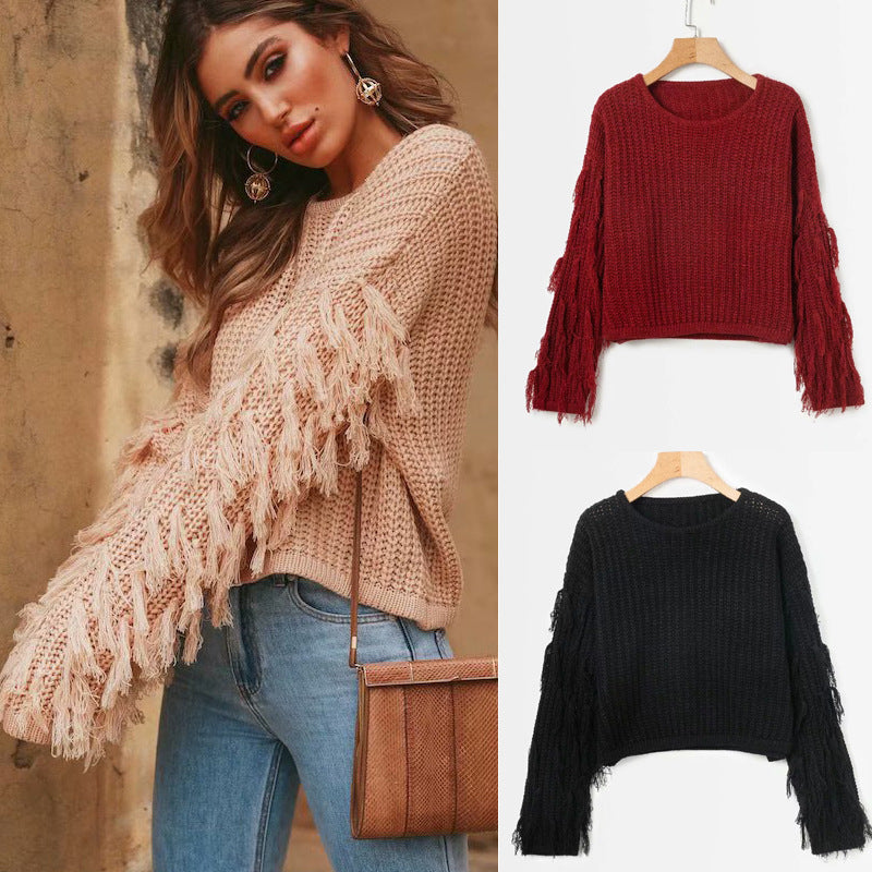 Damen Strickpullover mit fransigen Ärmeln und strukturierter Oberfläche Drune