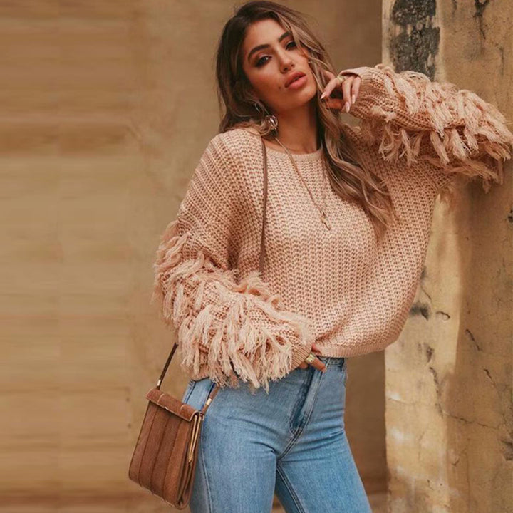 Damen Strickpullover mit fransigen Ärmeln und lässigem Schnitt Drune