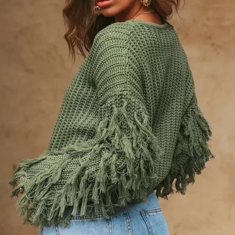 Damen Strickpullover mit fransigen Ärmeln und strukturierter Oberfläche Drune