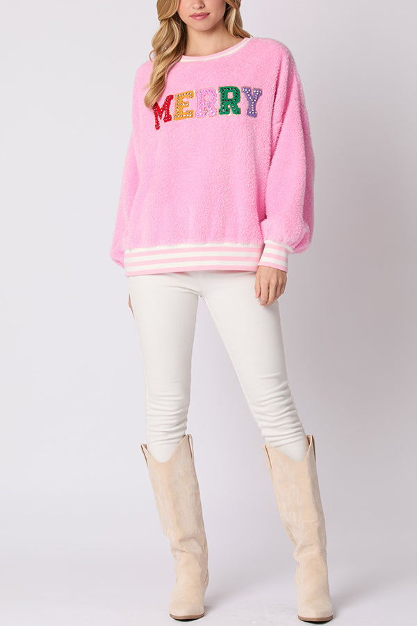 Drune | Weihnachtsbuchstaben Strass Langarm Rundhalsausschnitt Sweatshirt