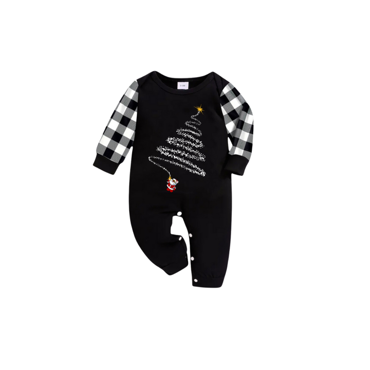 Drune | Santa Climbing Christmas Tree Familie Pyjama Set - Schwarzes Oberteil Schwarze und Weiße Karohose Weißer Baum Grafik