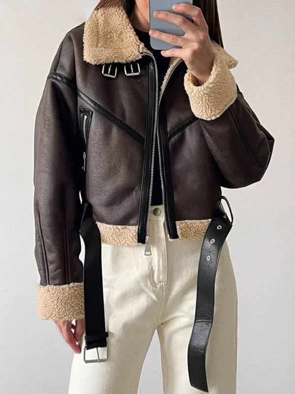 Drune | Braune Lambswool gefütterte Leder Splice Kurzjacke