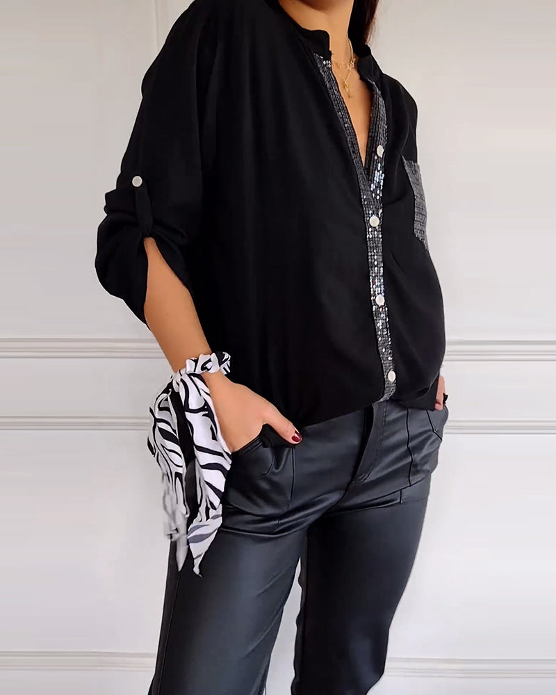 Drune - Schicke Bluse mit Knopfleiste und Paillettenbesatz für Damen | Elegante Langarmbluse mit Paillettentasche