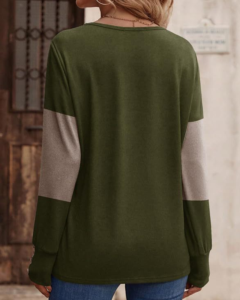 Drune | Shirt Damen Colorblock Druck Knopf Deko Fallende Schulter