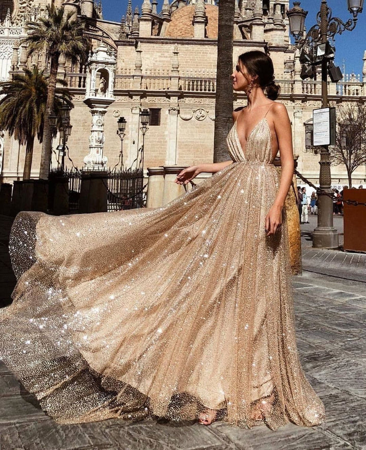 Damen Glamouröses Abendkleid mit tiefem V-Ausschnitt und schimmerndem Tüll Drune