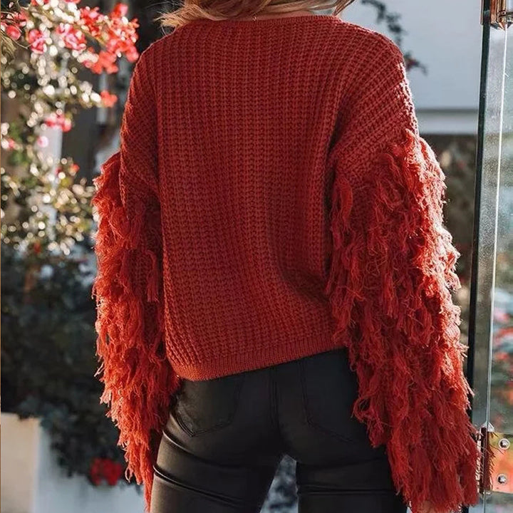 Damen Strickpullover mit fransigen Ärmeln und strukturierter Oberfläche Drune