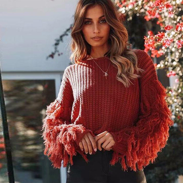 Damen Strickpullover mit fransigen Ärmeln und lässigem Schnitt Drune
