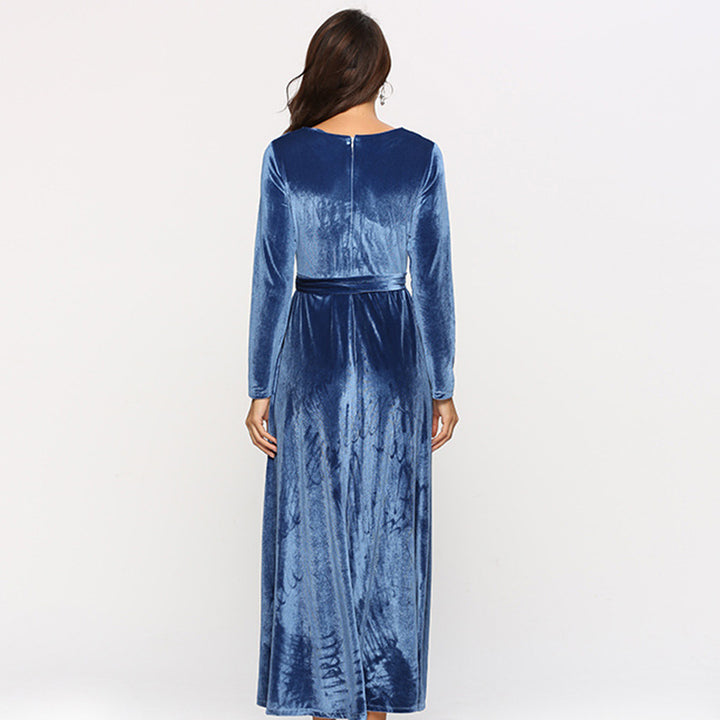 Damen elegantes Maxikleid aus weichem Samt mit Taillengurt Drune