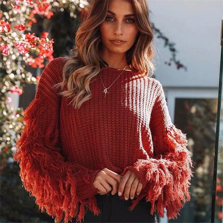 Damen Grobstrickpullover mit fransigen Ärmeln und modernem Schnitt Drune
