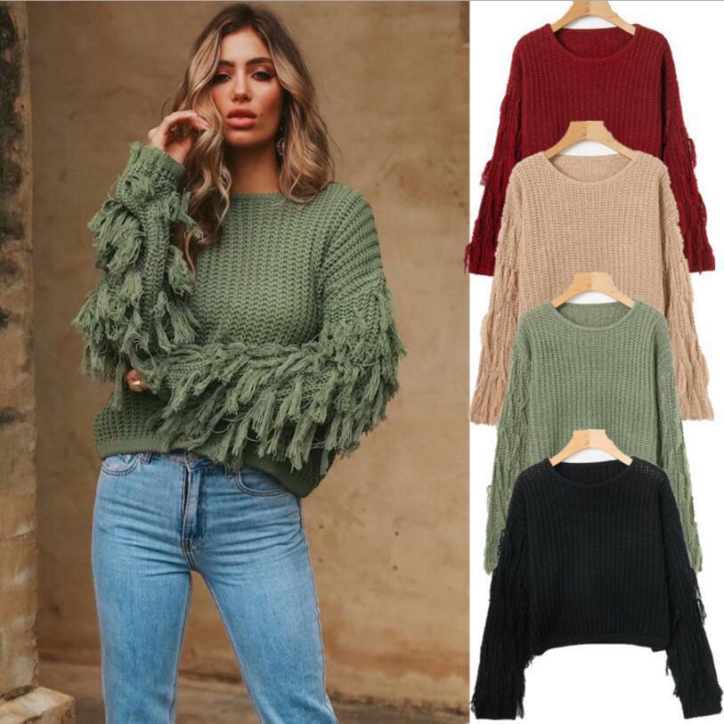 Damen Grobstrickpullover mit fransigen Ärmeln Drune