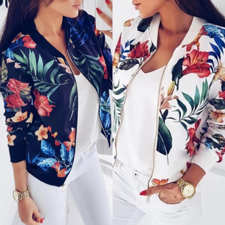 Damen Blousonjacke mit tropischem Blumenmuster und elastischen Bündchen Drune