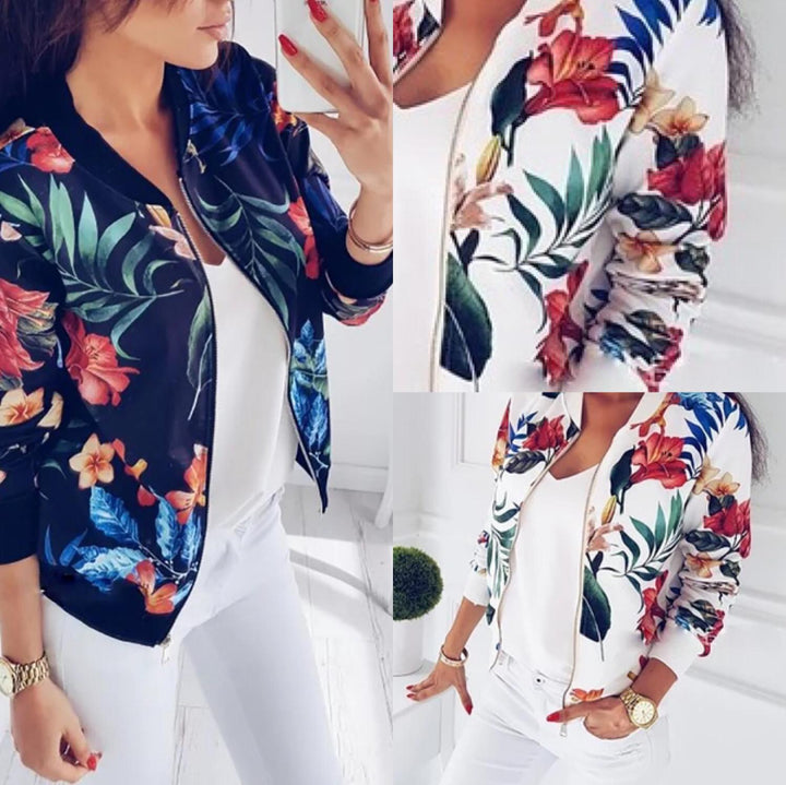 Damen Blousonjacke mit tropischem Blumenmuster und elastischen Bündchen Drune
