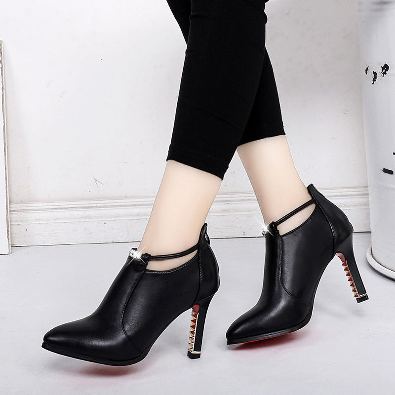 Damen nan elegante knöchelhohe Stiefelette mit spitzer Form Schmuckriemen und goldbesetztem Stilettoabsatz Drune