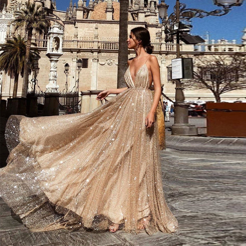 Damen Glamouröses Abendkleid mit tiefem V-Ausschnitt und schimmerndem Tüll Drune