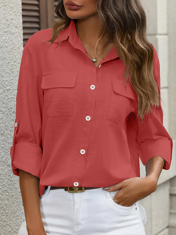 Drune | Elegante Damen Baumwollbluse mit Taschen und Langen Ärmeln