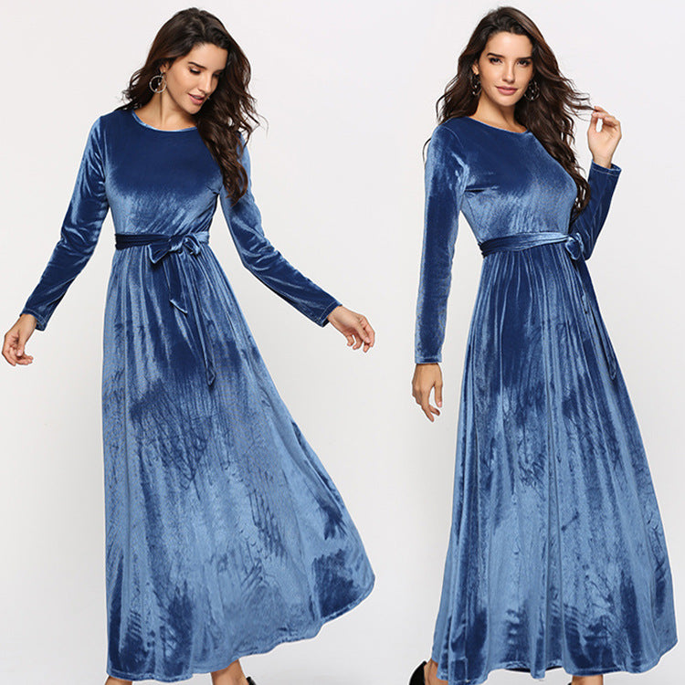 Damen elegantes Maxikleid aus weichem Samt mit Taillengurt Drune