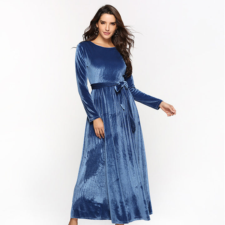 Damen elegantes Maxikleid aus weichem Samt mit Taillengurt Drune