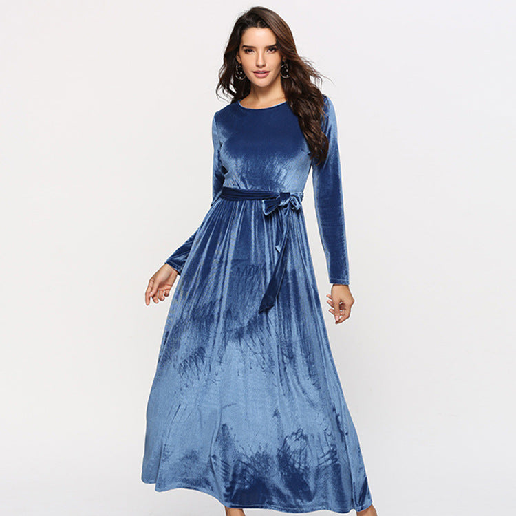Damen elegantes Maxikleid aus weichem Samt mit Taillengurt Drune