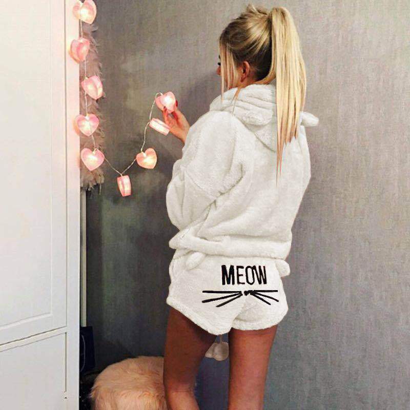 Damen nan kuscheliges zweiteiliges Lounge-Set mit Kapuzenpullover und Shorts mit MEOW-Stickerei Drune
