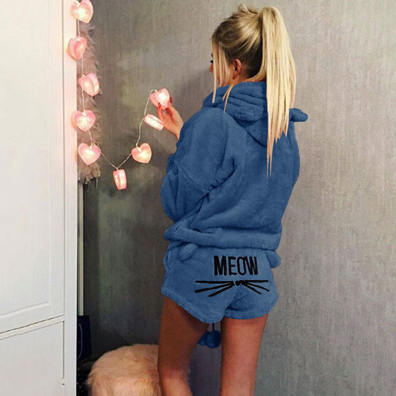 Damen nan kuscheliges zweiteiliges Lounge-Set mit Kapuzenpullover und Shorts mit MEOW-Stickerei Drune