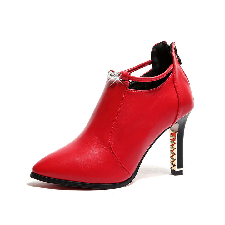 Damen nan elegante knöchelhohe Stiefelette mit spitzer Form Schmuckriemen und goldbesetztem Stilettoabsatz Drune