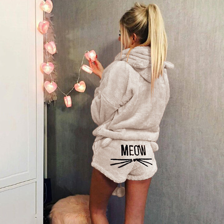Damen nan kuscheliges zweiteiliges Lounge-Set mit Kapuzenpullover und Shorts mit MEOW-Stickerei Drune