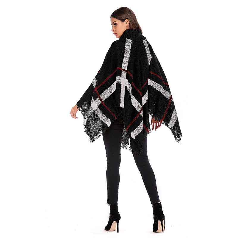 Damen Oversized Poncho mit rollkragen und lässigem Karomuster Drune