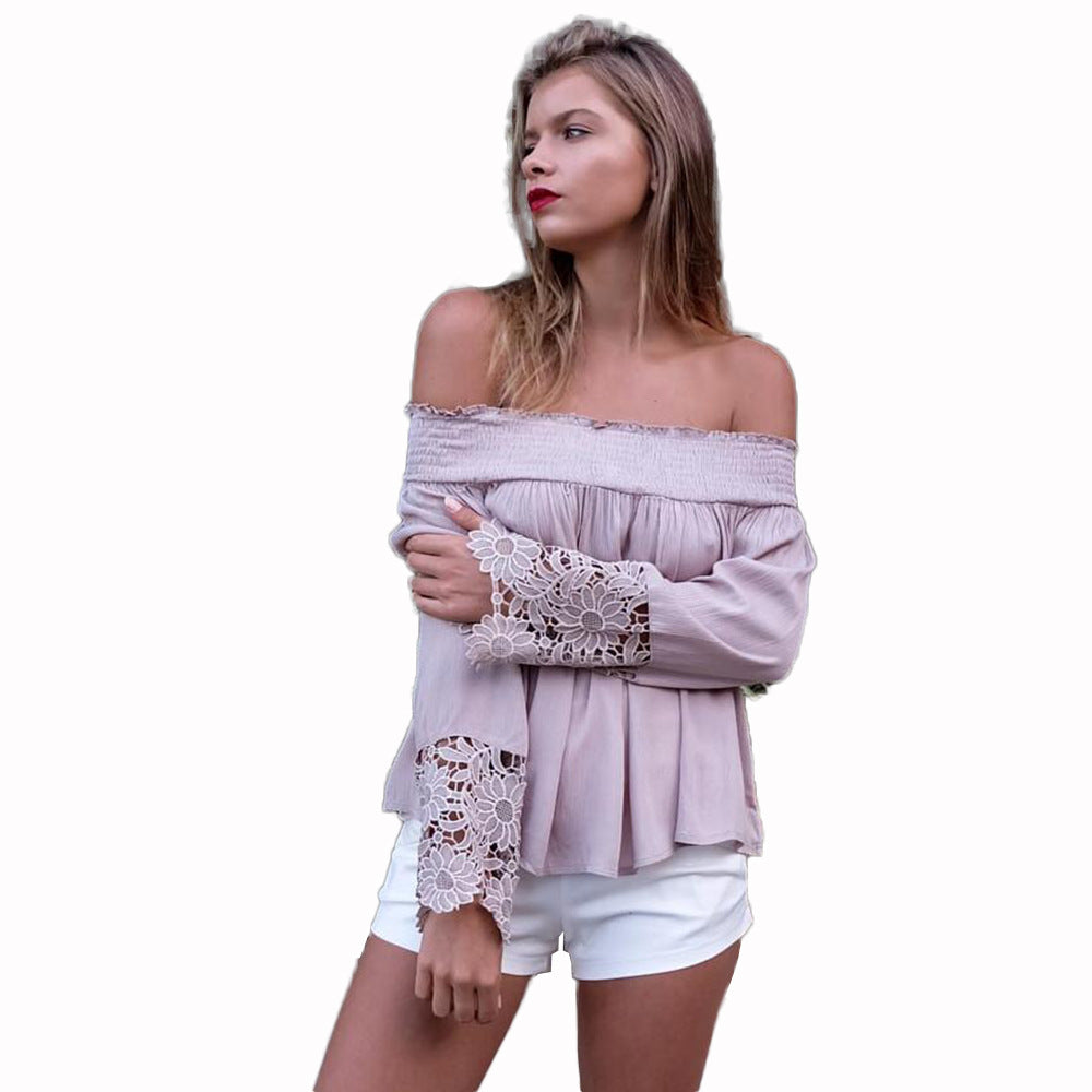 Damen Bluse mit schulterfreiem Design und floralen Spitzenärmel Drune