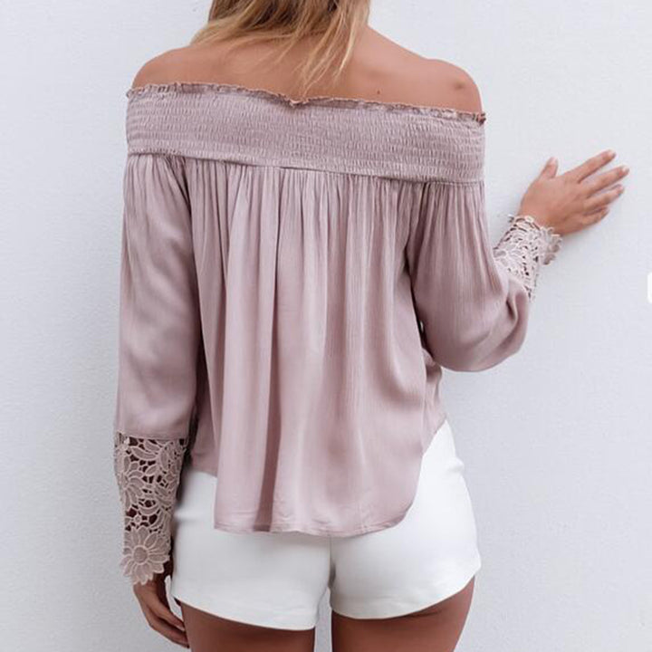 Damen Bluse mit schulterfreiem Design und floralen Spitzenärmel Drune