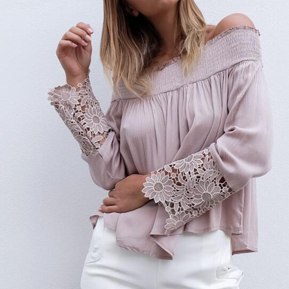 Damen Bluse mit schulterfreiem Design und floralen Spitzenärmel Drune