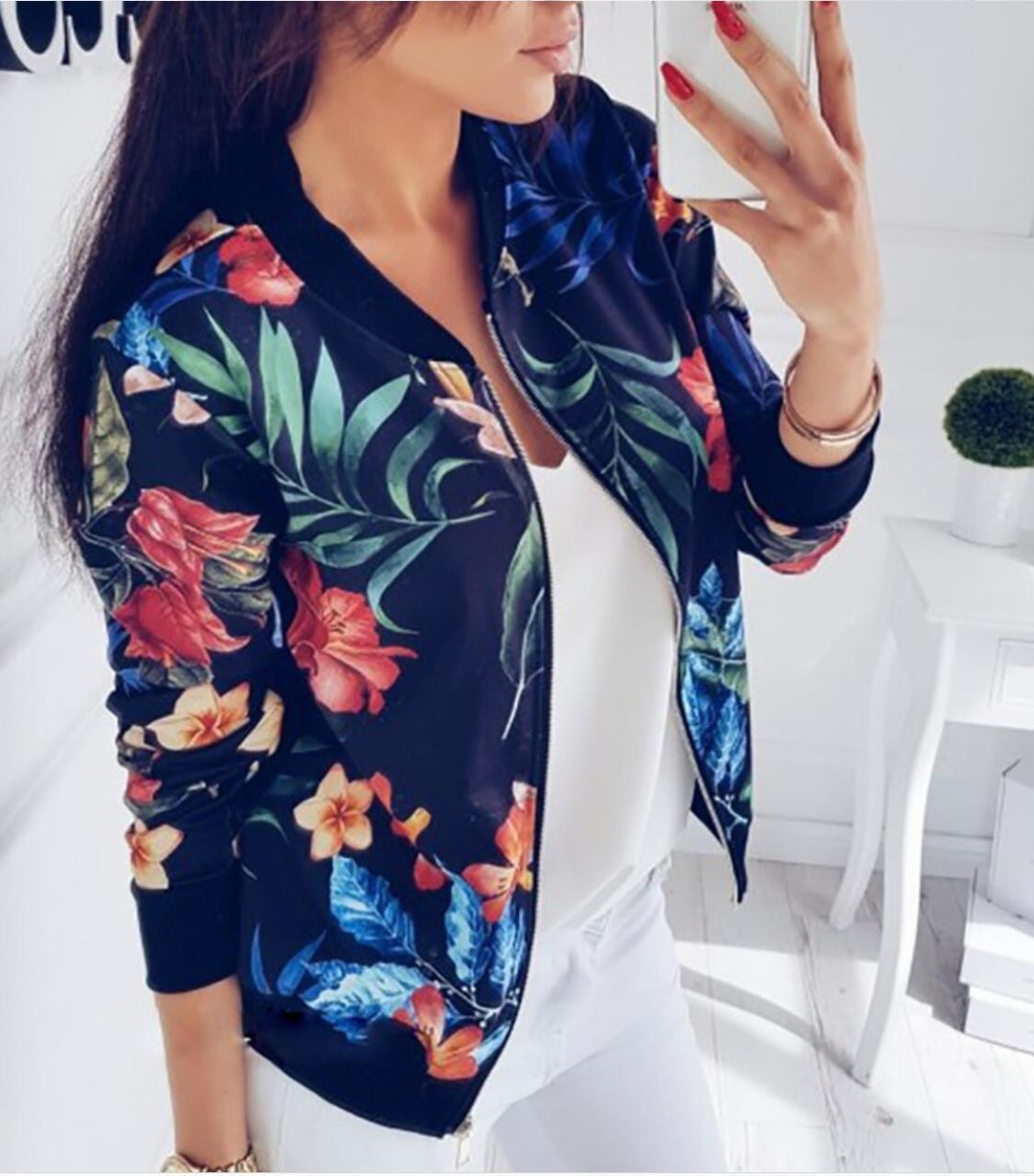 Damen Bomberjacke mit floralem Druck und elastischen Bündchen Drune