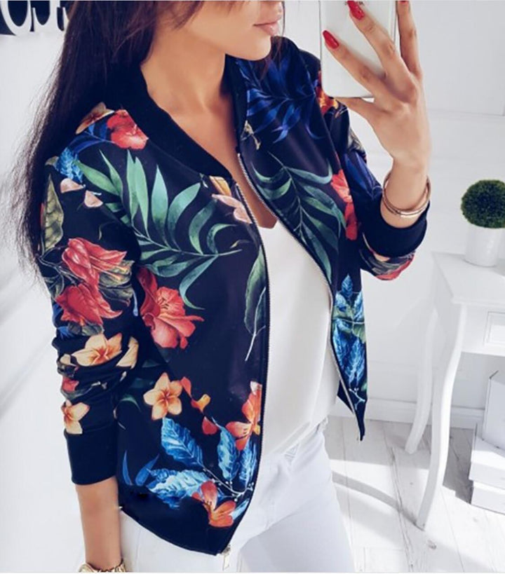 Damen Bomberjacke mit floralem Druck und elastischen Bündchen Drune