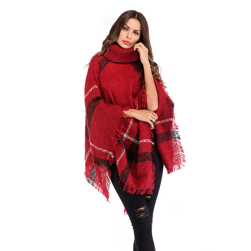 Damen Oversized Poncho mit rollkragen und lässigem Karomuster Drune