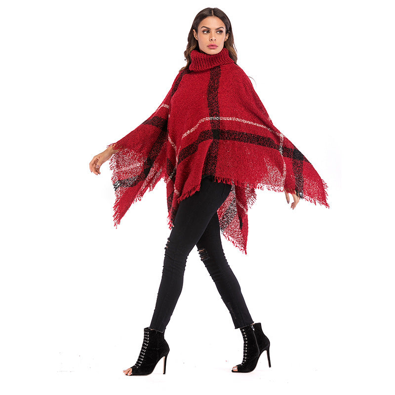 Damen Oversized Poncho mit rollkragen und lässigem Karomuster Drune