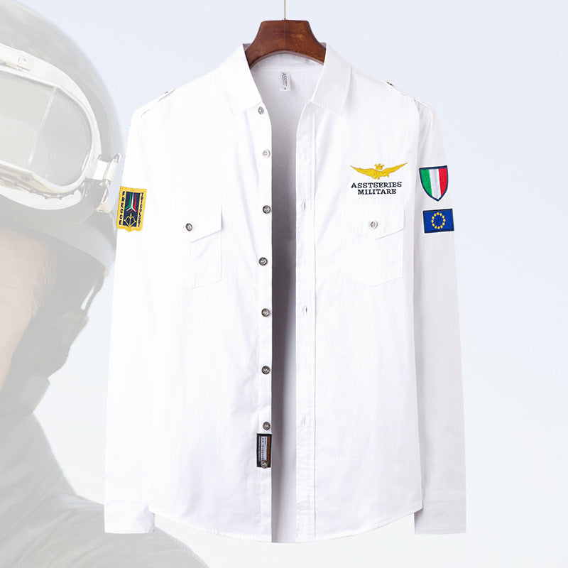 Herren  besticktes Pilotjacke Button-Up Patch-Überhemd mit Klappbrusttaschen Drune