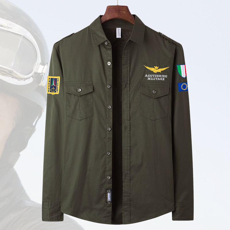 Herren  isolierte Military-Style Shirtjacke mit gestickten Patches und Kunstpelzfutter Drune