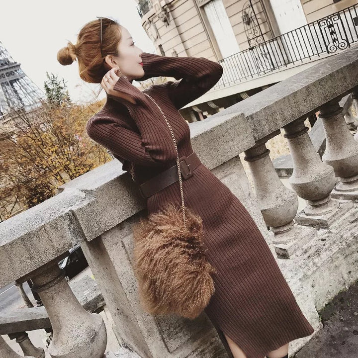 Damen Strickkleid mit hohem Kragen und tailliertem Schnitt Drune