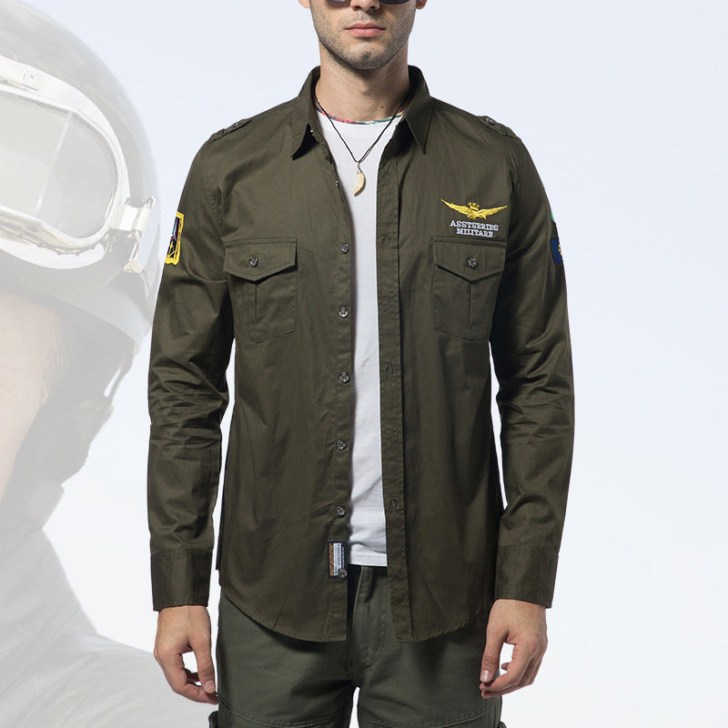 Herren  besticktes Pilotjacke Button-Up Patch-Überhemd mit Klappbrusttaschen Drune
