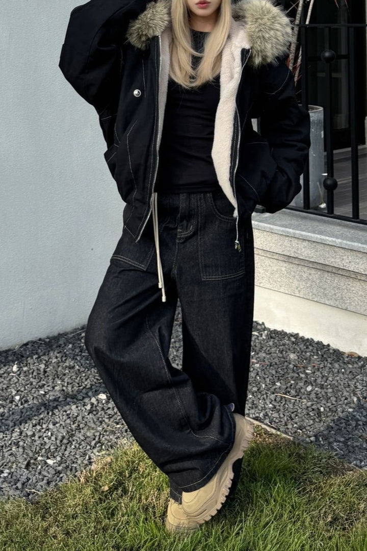 Drune | Kurze Puffer Jacke mit Fellkragen
