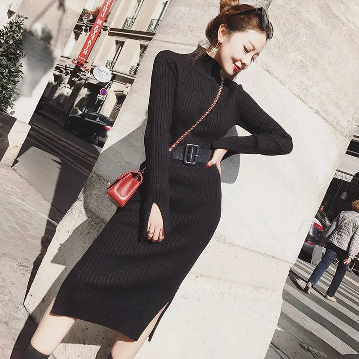 Damen Strickkleid mit hohem Kragen und tailliertem Schnitt Drune