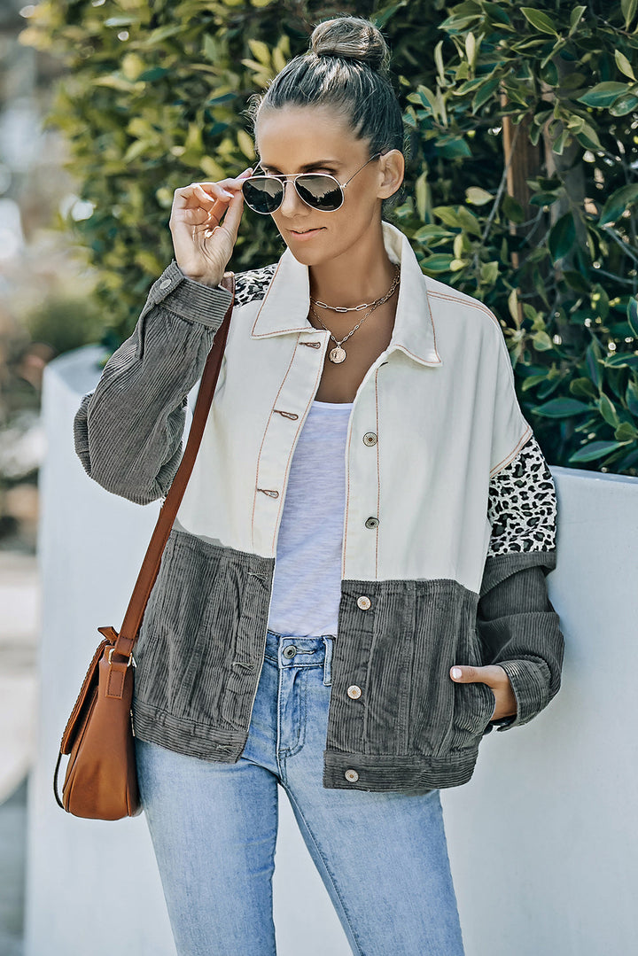 Drune | Leopard Farbblock Knopfleiste Cord Baumwolljacke