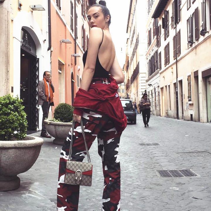 Damen Cargohose mit elastischem Bund und modischem Camouflage-Muster Drune