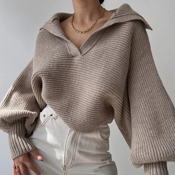 Drune | Cozy knitted sweater with lantern sleeves and open collar